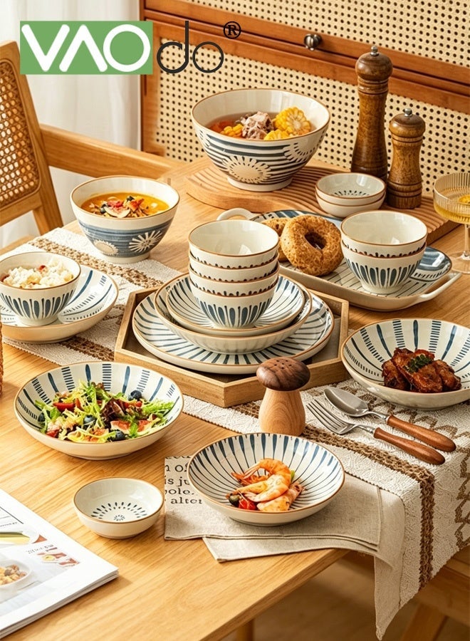 VAOdo 32PCS Stackable Ceramic Tableware Set, Including Durable Bowls Spoons Chopsticks Plates Set, Colorful Glazed Porcelain Set, Exquisite Design Freezer and Microwave Safe Dinnerware Set Serve for 6 - Image 1