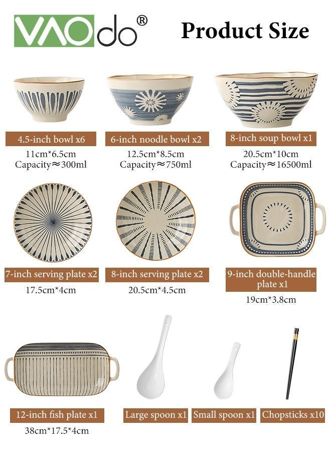 VAOdo 32PCS Stackable Ceramic Tableware Set, Including Durable Bowls Spoons Chopsticks Plates Set, Colorful Glazed Porcelain Set, Exquisite Design Freezer and Microwave Safe Dinnerware Set Serve for 6 - Image 3