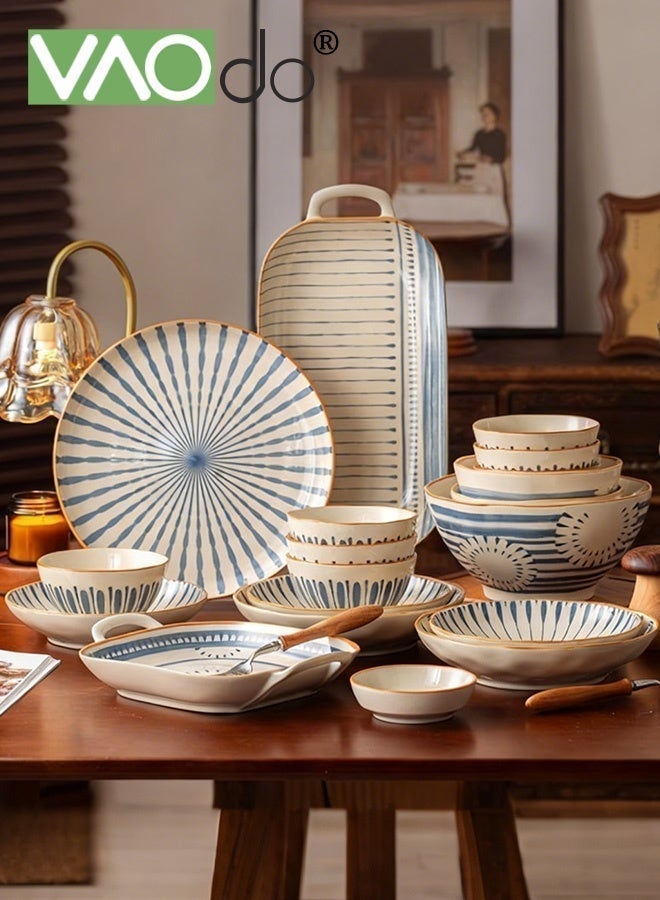 VAOdo 32PCS Stackable Ceramic Tableware Set, Including Durable Bowls Spoons Chopsticks Plates Set, Colorful Glazed Porcelain Set, Exquisite Design Freezer and Microwave Safe Dinnerware Set Serve for 6 - Image 2