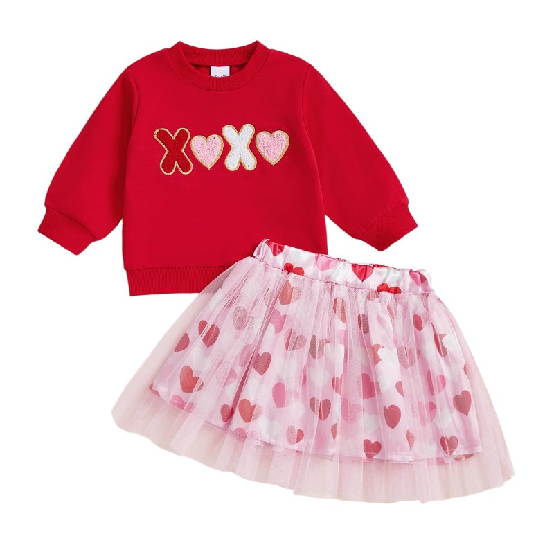 LAGKIYOJ Toddler Baby Girl Valentines Day Outfit Heart Long Sleeve Sweatshirt and Tulle Skirt baby girl valentines dress (Red Valentines Heart, 12-18 Months) - Image 1