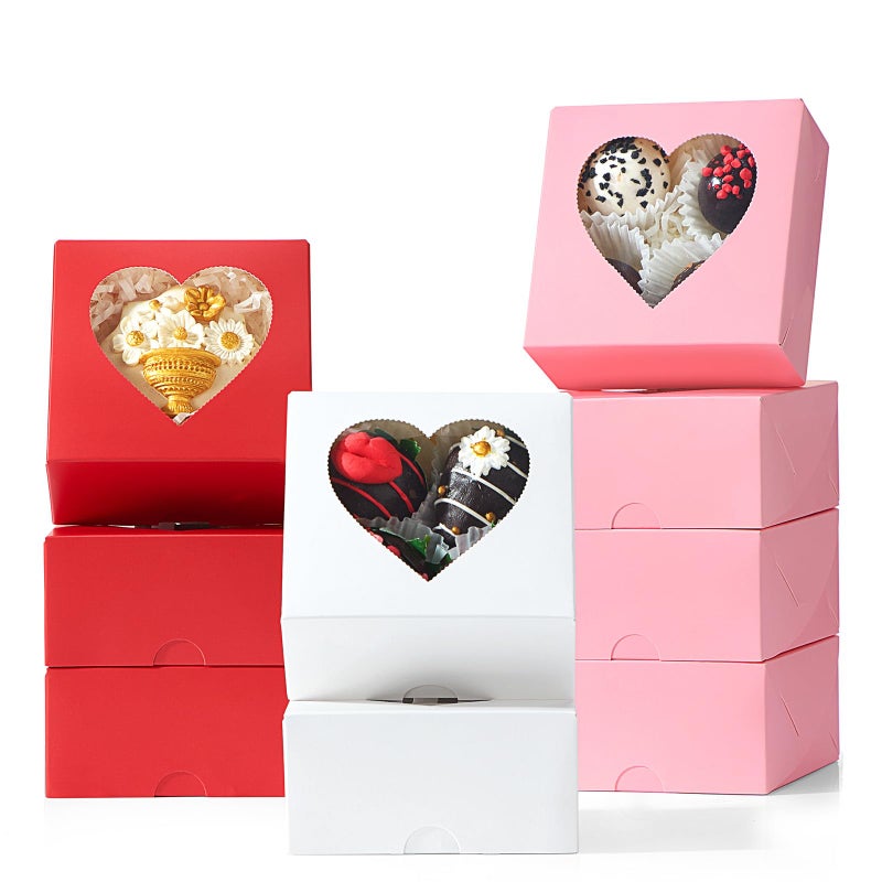 TEMLQPACK 48PCS 4"x4"x2" Heart-Shaped Window Bakery Boxes in White, Pink, Red - Perfect for Cookies, Strawberries, Mini Bundt Cakes, Chocolate Truffles & Small Desserts-Wedding and Party Favors - Image 1
