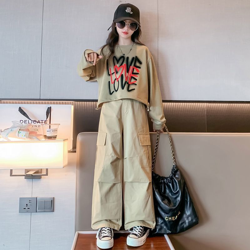 2024 Spring Autumn Girls Trendy Korean Outfit Set Khaki trousers + top