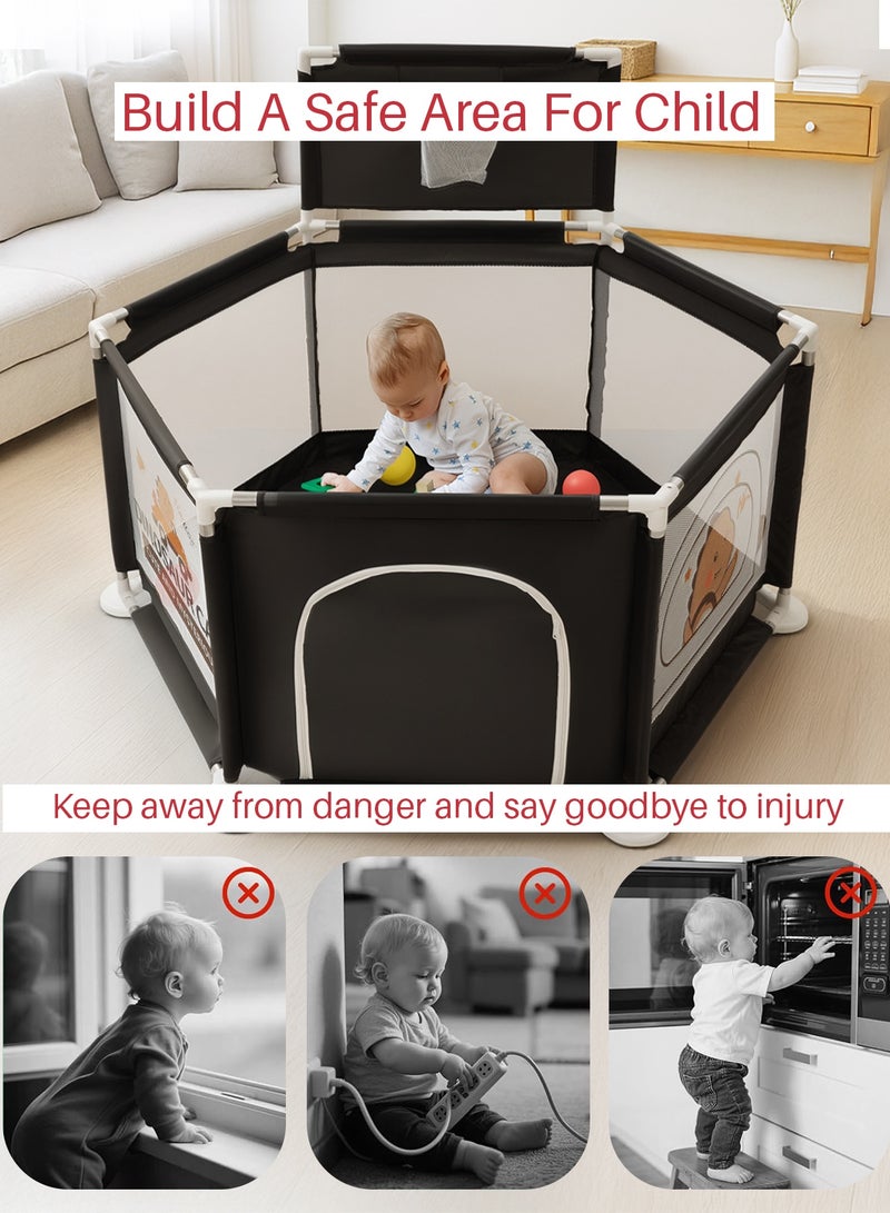 Baybee Kids Playpen for Babies | Baby Playards with Basketball Hook, Zipper Lock & Corner Protection | Infant Indoor And Outdoor Kids Activity Center | Foldable Baby Play Area Indoor Setup Baby Playpen Fence with Hexagon shape for Extra Space | Outdoor Play Pen for Baby up to 5 Years Black - Image 4