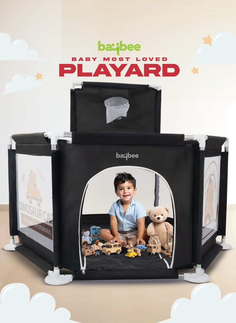 Baybee Kids Playpen for Babies | Baby Playards with Basketball Hook, Zipper Lock & Corner Protection | Infant Indoor And Outdoor Kids Activity Center | Foldable Baby Play Area Indoor Setup Baby Playpen Fence with Hexagon shape for Extra Space | Outdoor Play Pen for Baby up to 5 Years Black - Image 3