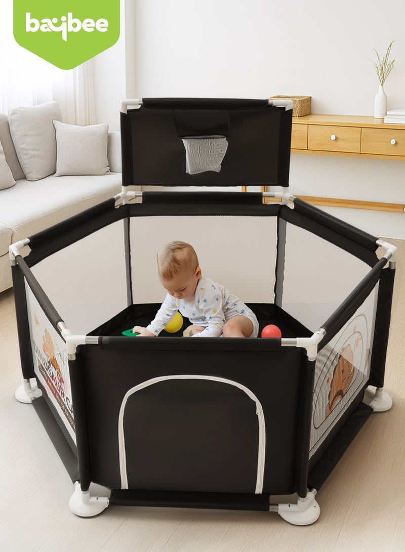 Baybee Kids Playpen for Babies | Baby Playards with Basketball Hook, Zipper Lock & Corner Protection | Infant Indoor And Outdoor Kids Activity Center | Foldable Baby Play Area Indoor Setup Baby Playpen Fence with Hexagon shape for Extra Space | Outdoor Play Pen for Baby up to 5 Years Black - Image 2