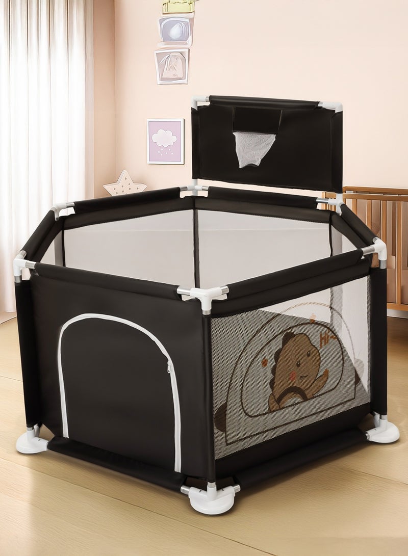 Baybee Kids Playpen for Babies | Baby Playards with Basketball Hook, Zipper Lock & Corner Protection | Infant Indoor And Outdoor Kids Activity Center | Foldable Baby Play Area Indoor Setup Baby Playpen Fence with Hexagon shape for Extra Space | Outdoor Play Pen for Baby up to 5 Years Black - Image 1