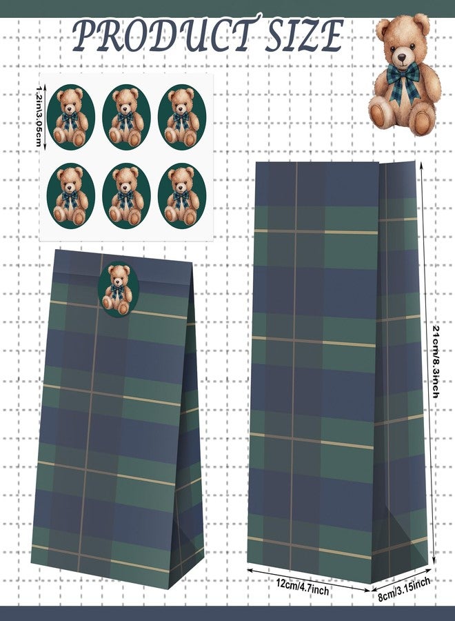 YooNotee 24 Sets Blue Green Tartan Plaid Bear Gift Paper Bags with Stickers Preppy Bear Plaid Vintage Favor Goodie Bags Multi Item Favor Packs for Wedding Baby Shower Birthday Party Decorations - Image 2