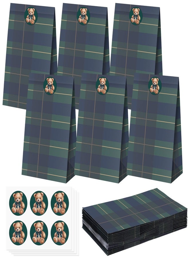 YooNotee 24 Sets Blue Green Tartan Plaid Bear Gift Paper Bags with Stickers Preppy Bear Plaid Vintage Favor Goodie Bags Multi Item Favor Packs for Wedding Baby Shower Birthday Party Decorations - Image 1