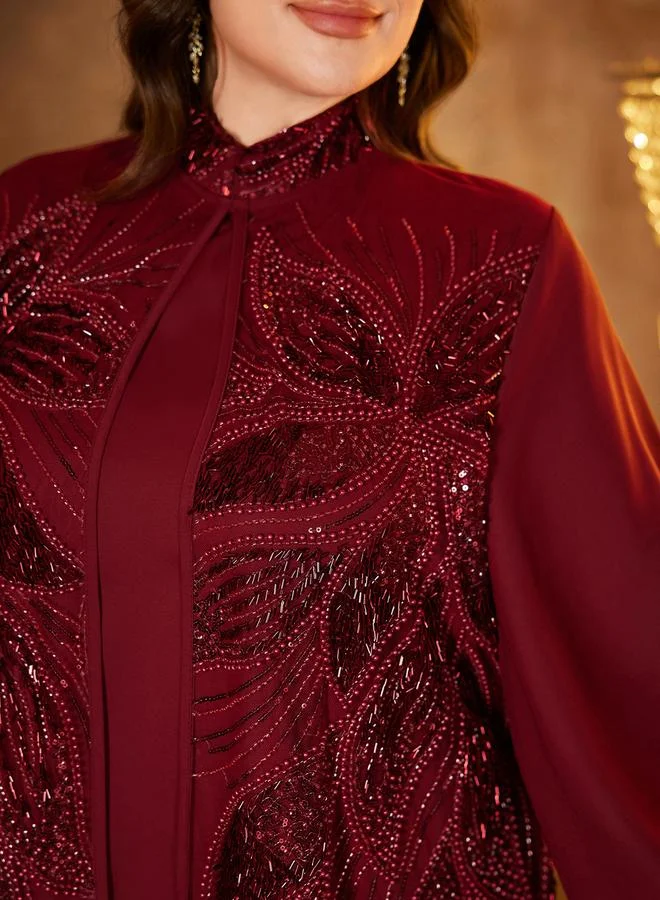 Supgir burgundy Plus Size Embellished Kimono and Maxi Dress Co-ord Set for Women | Best Price UAE