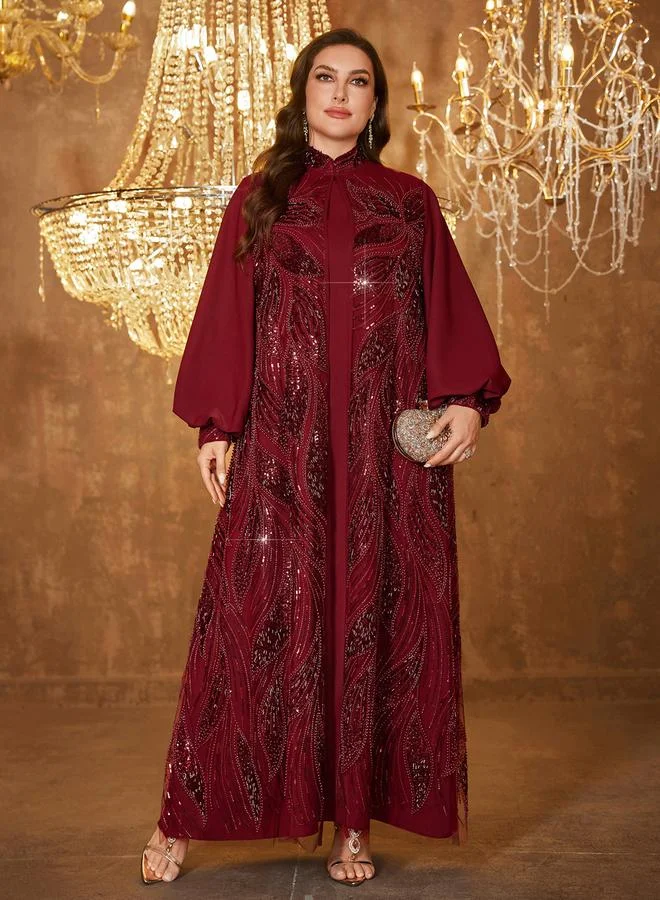 Supgir burgundy Plus Size Embellished Kimono and Maxi Dress Co-ord Set for Women | Best Price UAE
