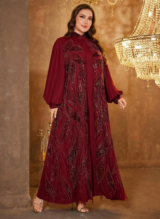 Supgir burgundy Plus Size Embellished Kimono and Maxi Dress Co-ord Set for Women | Best Price UAE