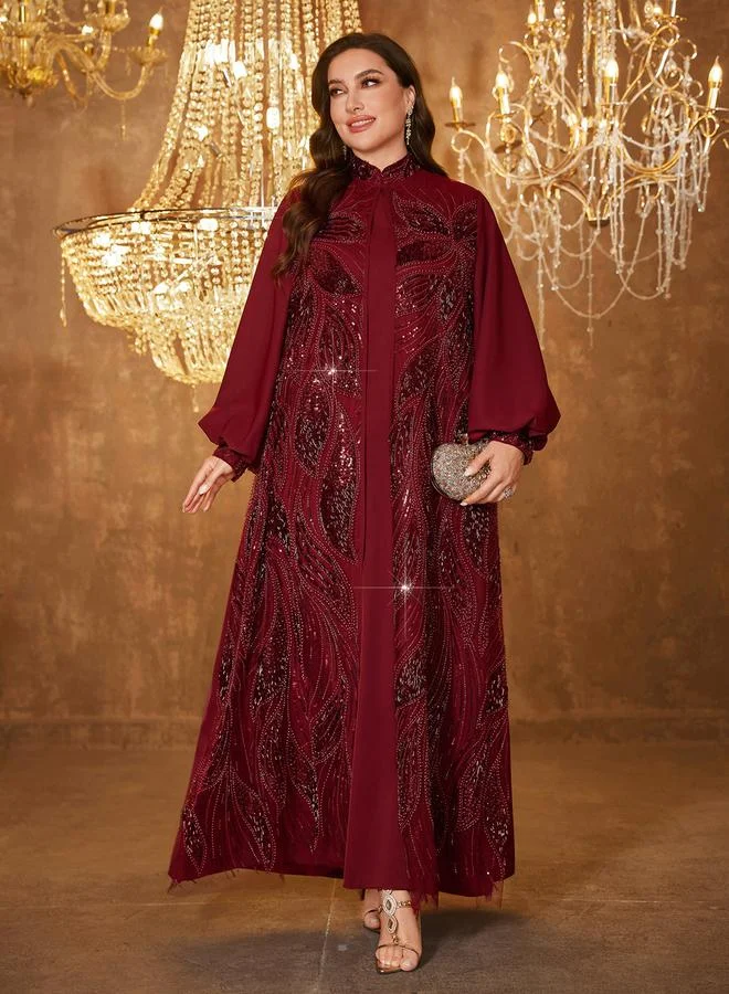 Supgir burgundy Plus Size Embellished Kimono and Maxi Dress Co-ord Set for Women | Best Price UAE