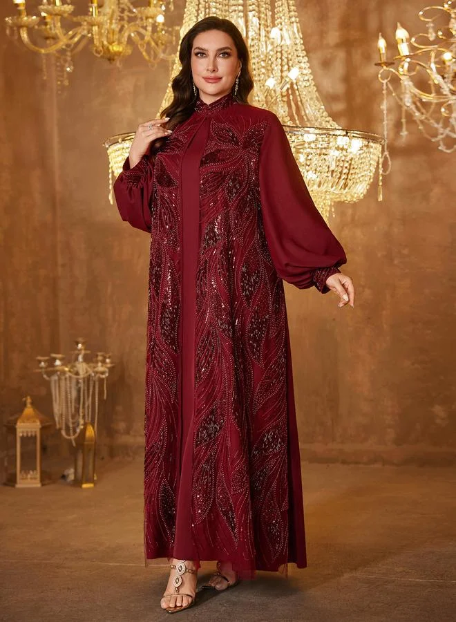 Supgir burgundy Plus Size Embellished Kimono and Maxi Dress Co-ord Set for Women | Best Price UAE