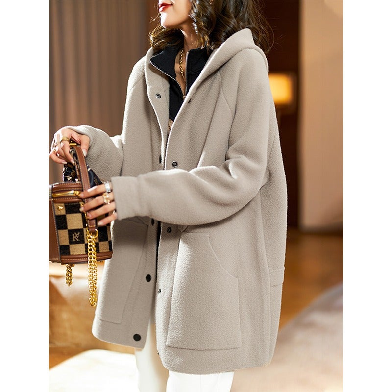 Mid-length hooded coat for women autumn and winter Korean style versatile new spring and autumn elegant casual double-sided woolen loose top Khaki 