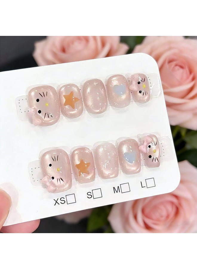 Cute And Sweet Wearable Nail Pieces With A High-end Feel, Light-colored Star Spots, Cartoon Cat-eye Design, Removable Nail Art