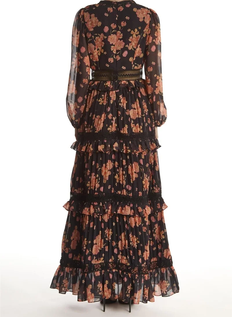 True Decadence Black Flower Chiffon V-neck Maxi-Dress