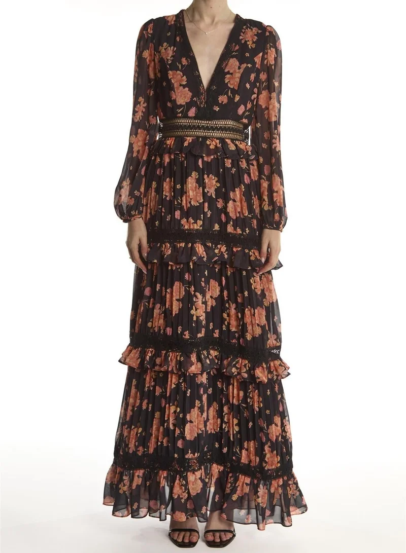 True Decadence Black Flower Chiffon V-neck Maxi-Dress