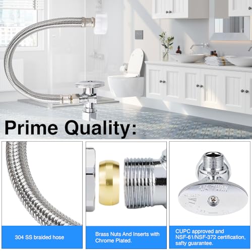 PevePexe Toilet Hose Water Supply Line Kit - 12" Length 3/8" COMP x 7/8" BC Braided Toilet Connector Hose & Shut Off Toilet Water 1/2 inch NOM Inlet x 3/8 inch OD Compression Outlet Angle - Image 4