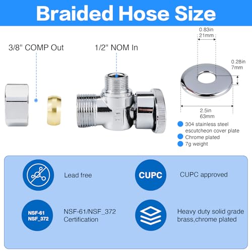 PevePexe Toilet Hose Water Supply Line Kit - 12" Length 3/8" COMP x 7/8" BC Braided Toilet Connector Hose & Shut Off Toilet Water 1/2 inch NOM Inlet x 3/8 inch OD Compression Outlet Angle - Image 3
