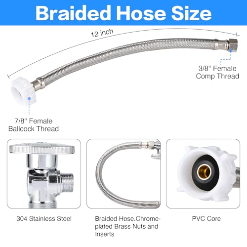 PevePexe Toilet Hose Water Supply Line Kit - 12" Length 3/8" COMP x 7/8" BC Braided Toilet Connector Hose & Shut Off Toilet Water 1/2 inch NOM Inlet x 3/8 inch OD Compression Outlet Angle - Image 2