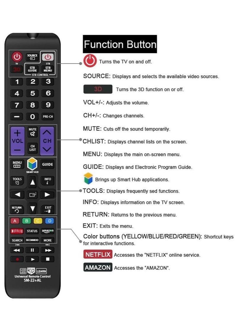 Universal Remote Control Compatible Replacement for Samsung TV/ 3D/ LCD/LED/HDTV/Smart TV, AA59-00666A BN59-01178W BN59-01199F AA59-00638A AA59-00637A AA59-00594A AA59-00600A AA59-0 - Image 3