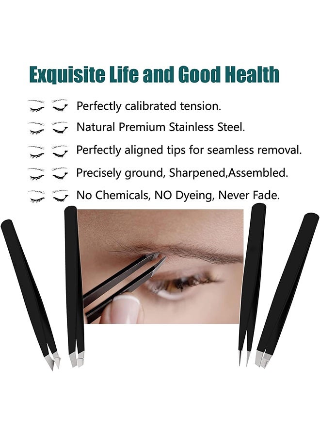 طقم ملاقط للحواجب، مجموعة إزالة دقيقة من الفولاذ المقاوم للصدأ لشعر الوجه، الشعر الذي ينمو داخليًا والشظايا، مناسبة للنساء والرجال (أسود) - Image 3