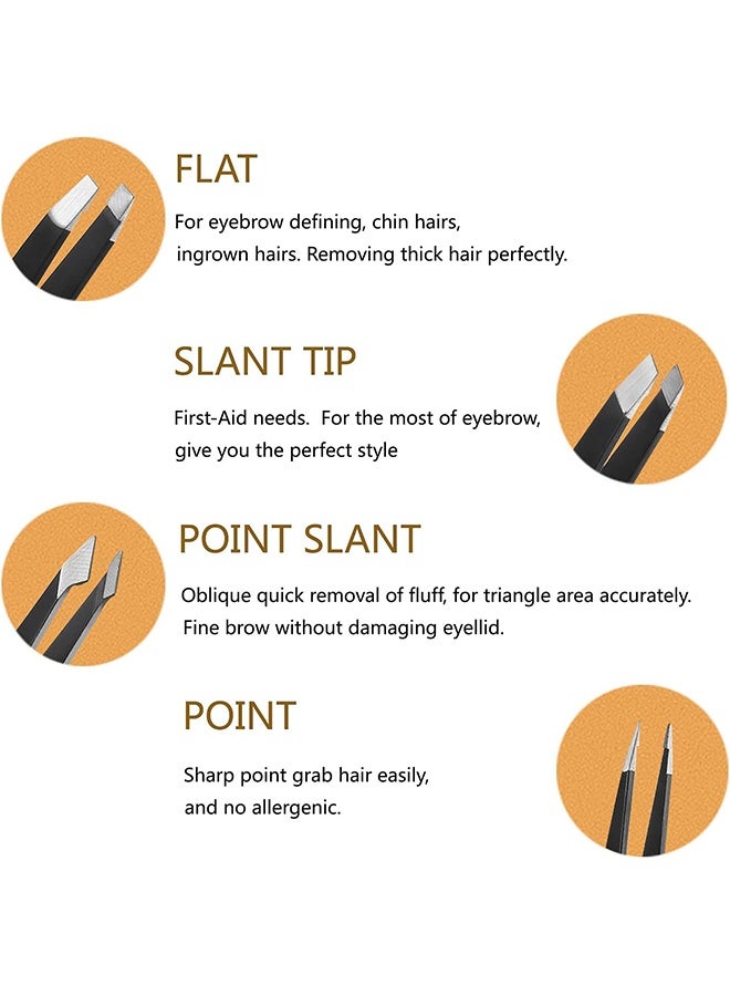 طقم ملاقط للحواجب، مجموعة إزالة دقيقة من الفولاذ المقاوم للصدأ لشعر الوجه، الشعر الذي ينمو داخليًا والشظايا، مناسبة للنساء والرجال (أسود) - Image 4