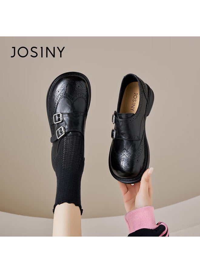 Josiny Zhuoshini Lefu Shoes Spring New British Style Fashion Small Leather Shoes Niche Gentle Skirt Matching Flats Black 36 - Image 1