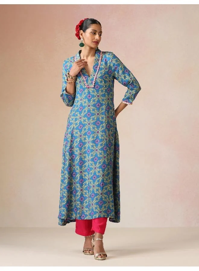 trueBrowns trueBrowns Blue Lime Jaal Print Viscose A-line Kurta Set