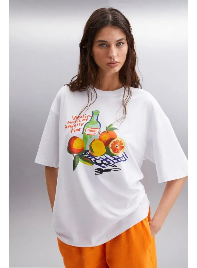GRIMELANGE Nitza Women's 100% Cotton Oversized Crew Neck White T-shirt.