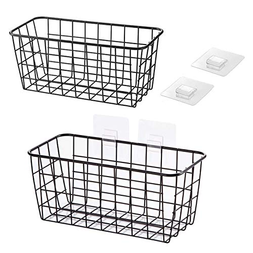 LeleCAT Hanging Kitchen Baskets For Storage Adhesive Sturdy Small Wire Storage Baskets with Kitchen Food Pantry Bathroom Shelf Storage No Drilling Wall Mounted 2 PACK Black - Image 1