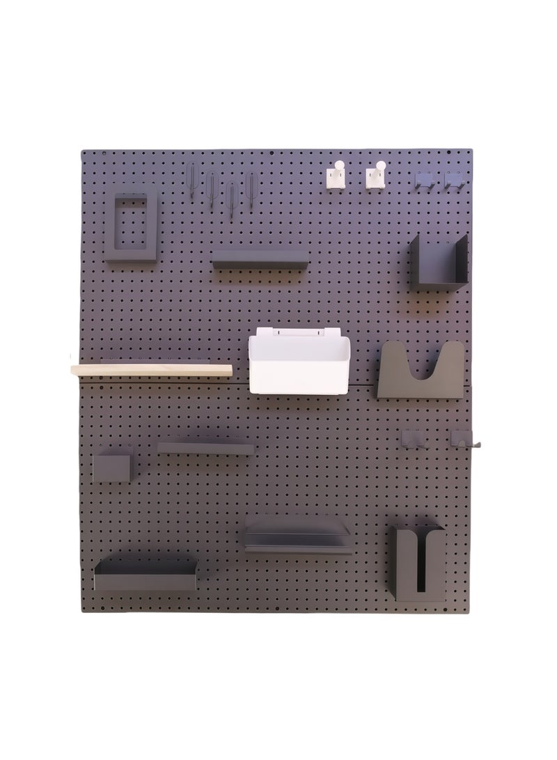 منظّم الحائط لوح الثقوب لومينا (Pegboard) مع ملحقات، باللونين الأسود والرمادي، مقاس 90×50 سم، نظام تخزين معياري مع أرفف وخطافات - Image 1