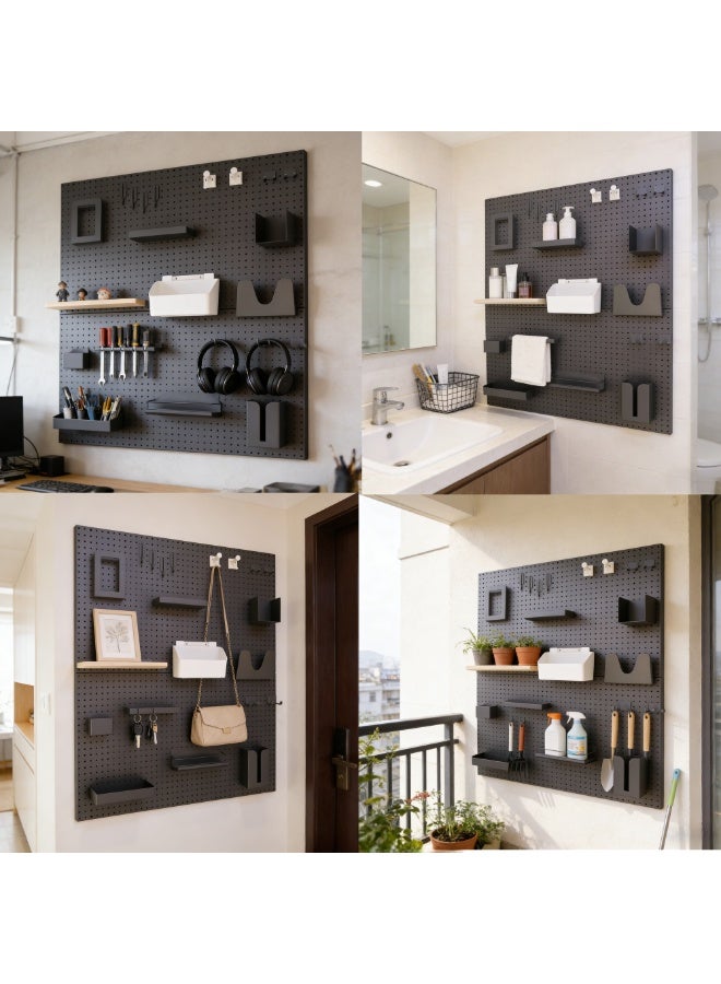 منظّم الحائط لوح الثقوب لومينا (Pegboard) مع ملحقات، باللونين الأسود والرمادي، مقاس 90×50 سم، نظام تخزين معياري مع أرفف وخطافات - Image 3
