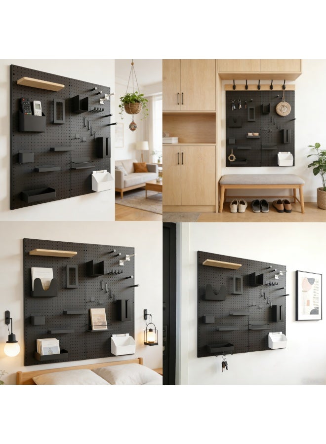 منظّم الحائط لوح الثقوب لومينا (Pegboard) مع ملحقات، باللونين الأسود والرمادي، مقاس 90×50 سم، نظام تخزين معياري مع أرفف وخطافات - Image 2