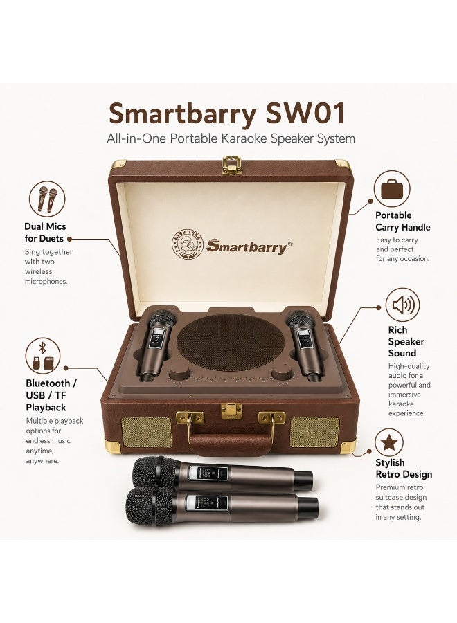 Smartbarry جهاز كاريوكي SW01 مع 2 ميكروفونات لاسلكية، مكبر صوت بلوتوث محمول، متوافق مع USB وبطاقة TF، نظام موسيقي قابل لإعادة الشحن للحفلات المنزلية، التجمعات والترفيه، بني - Image 2