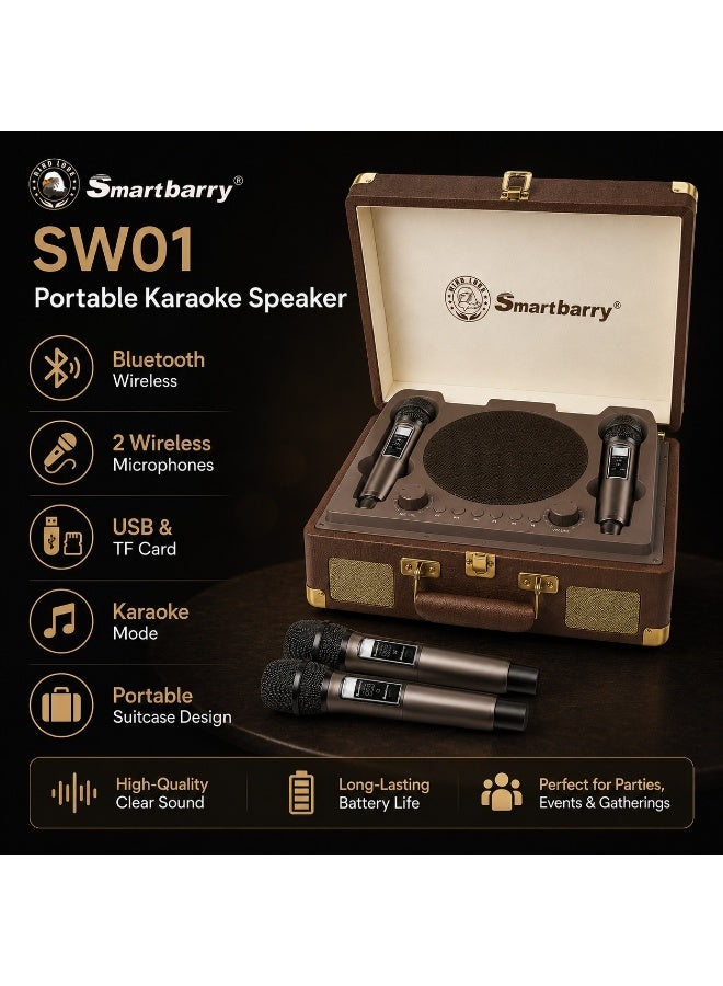 Smartbarry جهاز كاريوكي SW01 مع 2 ميكروفونات لاسلكية، مكبر صوت بلوتوث محمول، متوافق مع USB وبطاقة TF، نظام موسيقي قابل لإعادة الشحن للحفلات المنزلية، التجمعات والترفيه، بني - Image 5