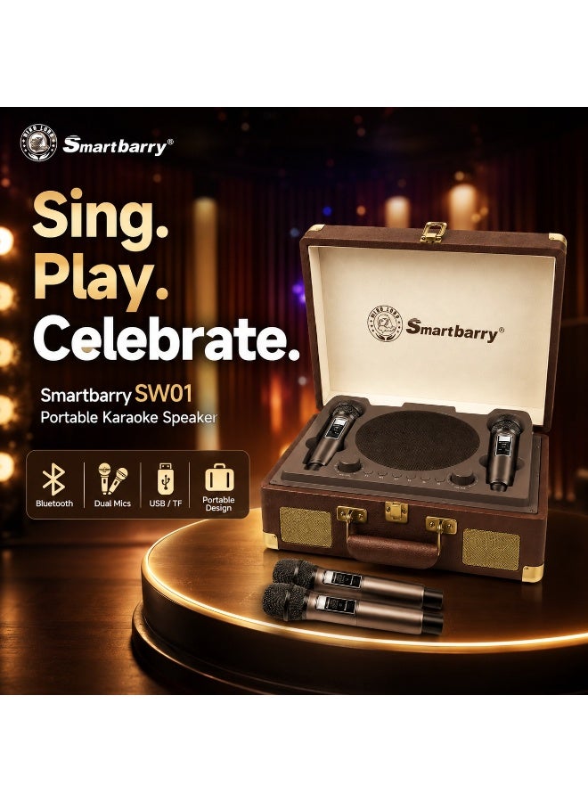 Smartbarry جهاز كاريوكي SW01 مع 2 ميكروفونات لاسلكية، مكبر صوت بلوتوث محمول، متوافق مع USB وبطاقة TF، نظام موسيقي قابل لإعادة الشحن للحفلات المنزلية، التجمعات والترفيه، بني - Image 1