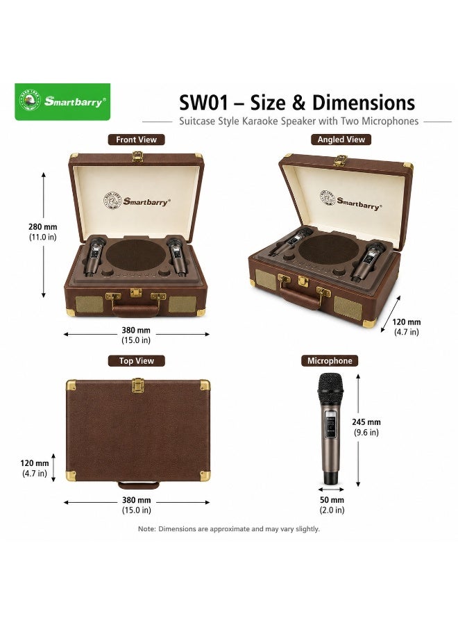 Smartbarry جهاز كاريوكي SW01 مع 2 ميكروفونات لاسلكية، مكبر صوت بلوتوث محمول، متوافق مع USB وبطاقة TF، نظام موسيقي قابل لإعادة الشحن للحفلات المنزلية، التجمعات والترفيه، بني - Image 4