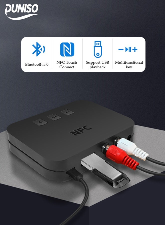Bluetooth Receiver,Bluetooth 5.0 Car Adapter,Audio Receiver,Supports NFC Connection and USB Playback,Apply to Mobile，Pad，TV，Audio，Headset，Speaker,9.1*5.8*1.8cm - Image 1