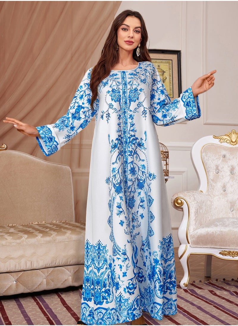 Madam Uniq Womens Muslim Abaya Dress One-Piece Printing Dress Islamic Full Length Kaftan Daily Casual Dress  - Image 1