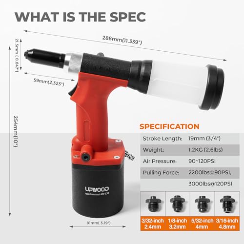 UPWOOD Pneumatic Hydraulic Pop Rivet Gun, Self-Suction Air Riveter Riveting Tool with 100 pcs Blind Rivets and 3/32" 1/8" 5/32" 3/16" Nose Pieces - Image 2