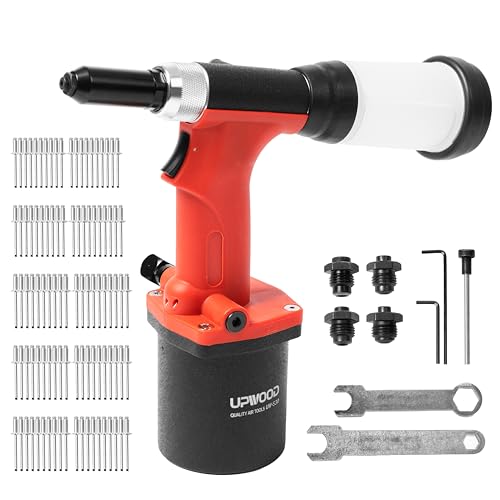 UPWOOD Pneumatic Hydraulic Pop Rivet Gun, Self-Suction Air Riveter Riveting Tool with 100 pcs Blind Rivets and 3/32" 1/8" 5/32" 3/16" Nose Pieces - Image 1