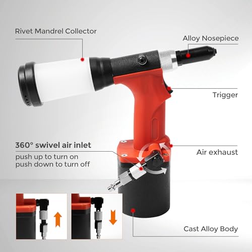 UPWOOD Pneumatic Hydraulic Pop Rivet Gun, Self-Suction Air Riveter Riveting Tool with 100 pcs Blind Rivets and 3/32" 1/8" 5/32" 3/16" Nose Pieces - Image 3