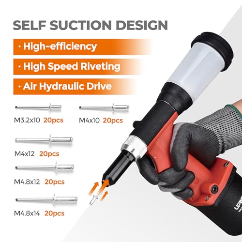 UPWOOD Pneumatic Hydraulic Pop Rivet Gun, Self-Suction Air Riveter Riveting Tool with 100 pcs Blind Rivets and 3/32" 1/8" 5/32" 3/16" Nose Pieces - Image 4
