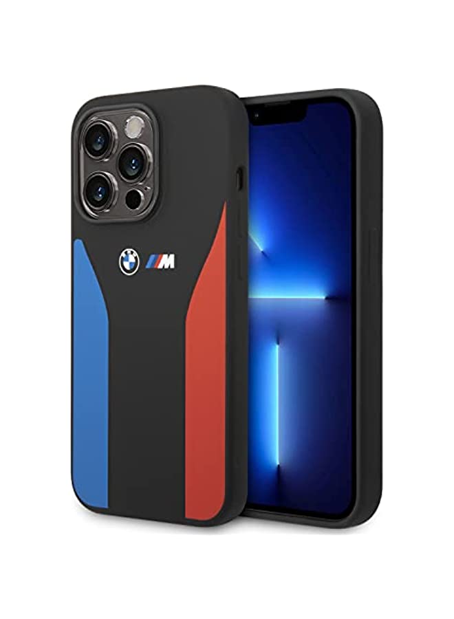 erorex حافظة سيليكون سائل من مجموعة BMW M مع طباعة ثلاثية الألوان وشعار لهاتف iPhone 14 Pro - أسود - Image 1