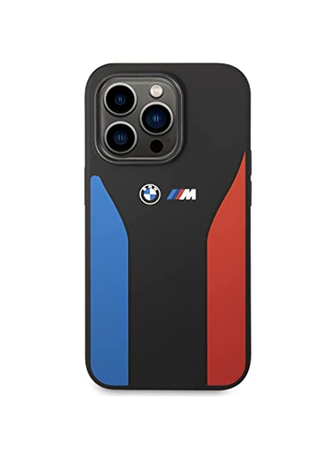 erorex حافظة سيليكون سائل من مجموعة BMW M مع طباعة ثلاثية الألوان وشعار لهاتف iPhone 14 Pro - أسود - Image 3