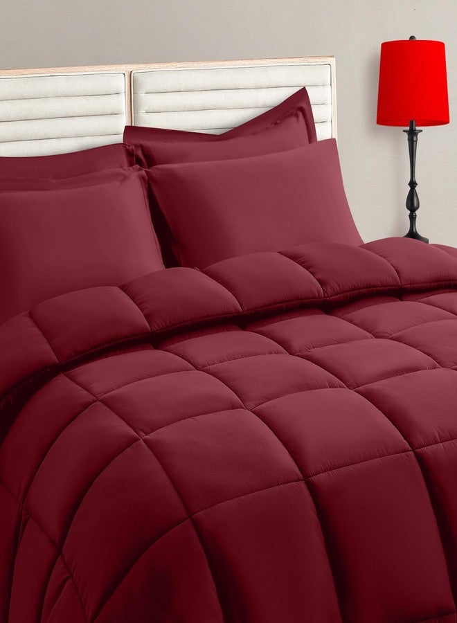 TAIMIT Burgandy Queen Size Comforter Set - 7 Pieces, Bed in a Bag Bedding Sets with All Season Soft Quilted Warm Fluffy Reversible Comforter,Flat Sheet,Fitted Sheet,2 Pillow Shams,2 Pillowcases - Image 1