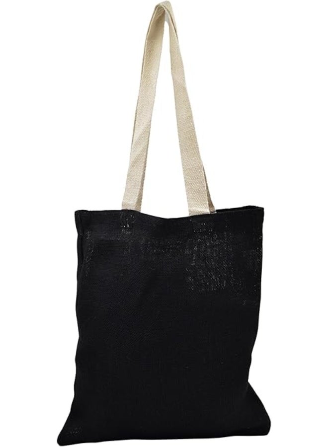 12 PIECES - Natural Jute Tote Bag with Cotton Handles, Eco Tote Shopping Bag (Black with Cream Handle) - Image 1