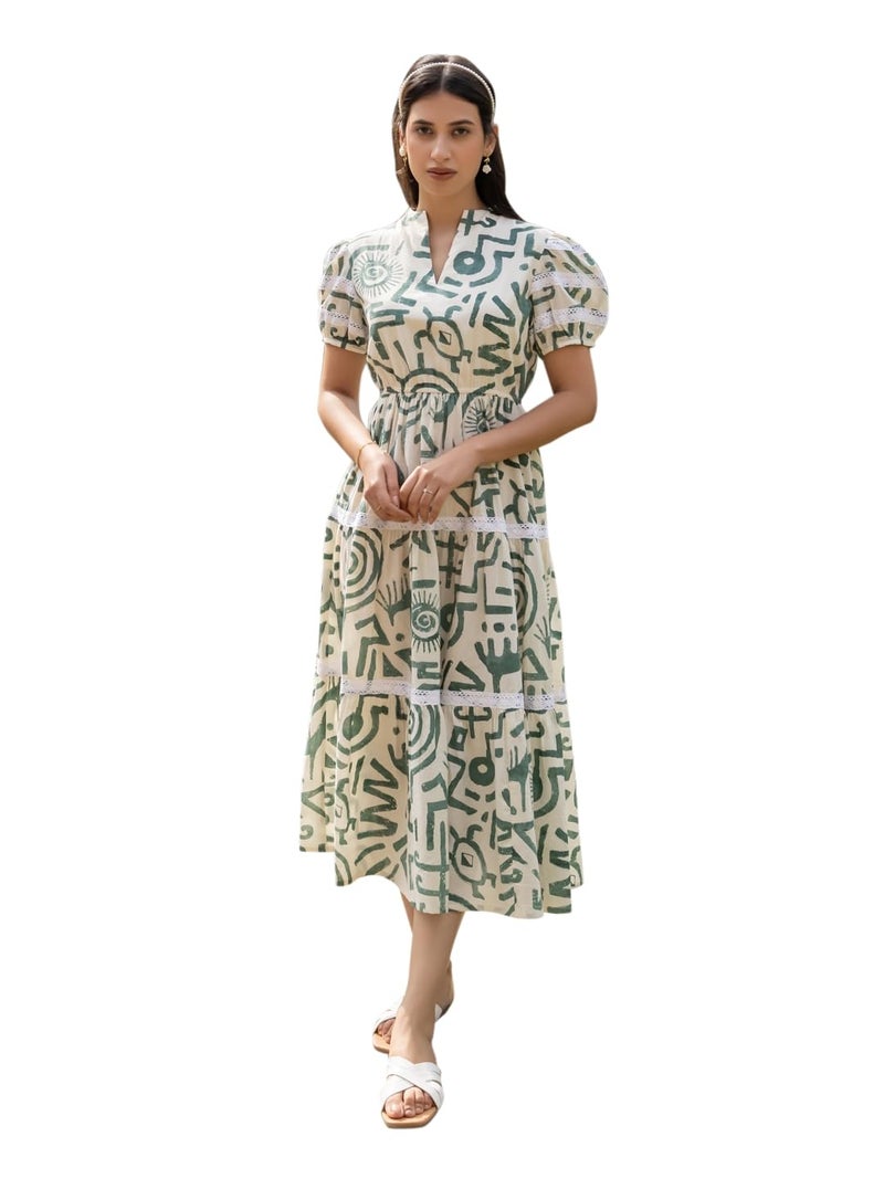 FIORRA Women's Off-White Printed Cotton Midi Dress DR0018 - Image 1
