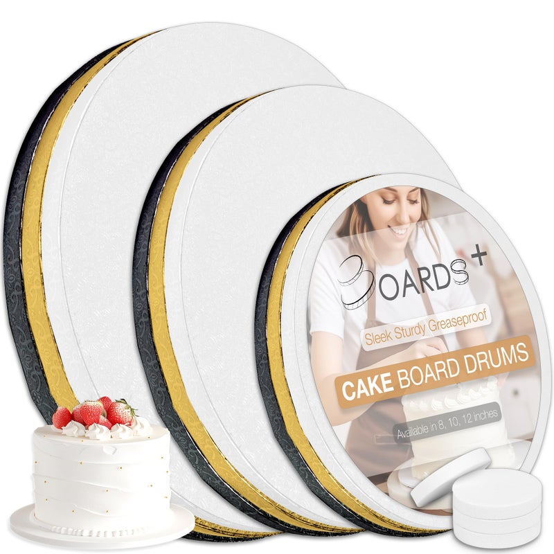 BOARDS+ BOARDS 9 Pack Cake Board Drums in 3 Sizes 8 10 12 Inch  in 3 Colors White Black Gold  12 Thick Cake Rounds Sturdy  Greaseproof  Free Prop Up Tools  Perfect For HeavyTiered Cakes